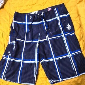 Volcom Blue and White Plaid Board Shorts